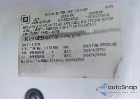 1999 Cadillac Escalade Standard from USA, damaged, VIN 1GYEK13R5XR418506